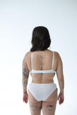 Person wearing white panties and bra on a plain background